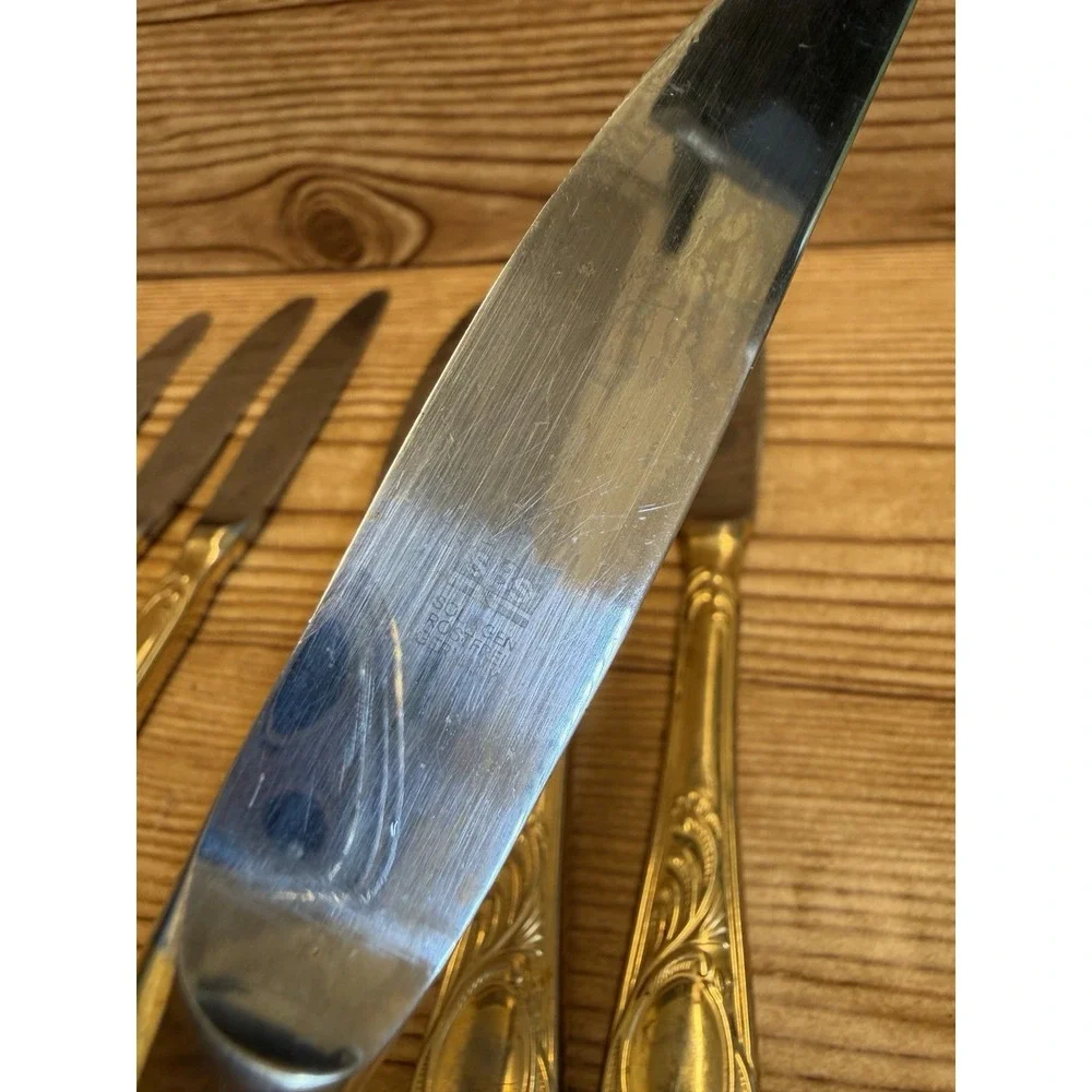 Set Of 9 Solingen Rostfrei SBS Germany Gold Handles Accented Knives Knife